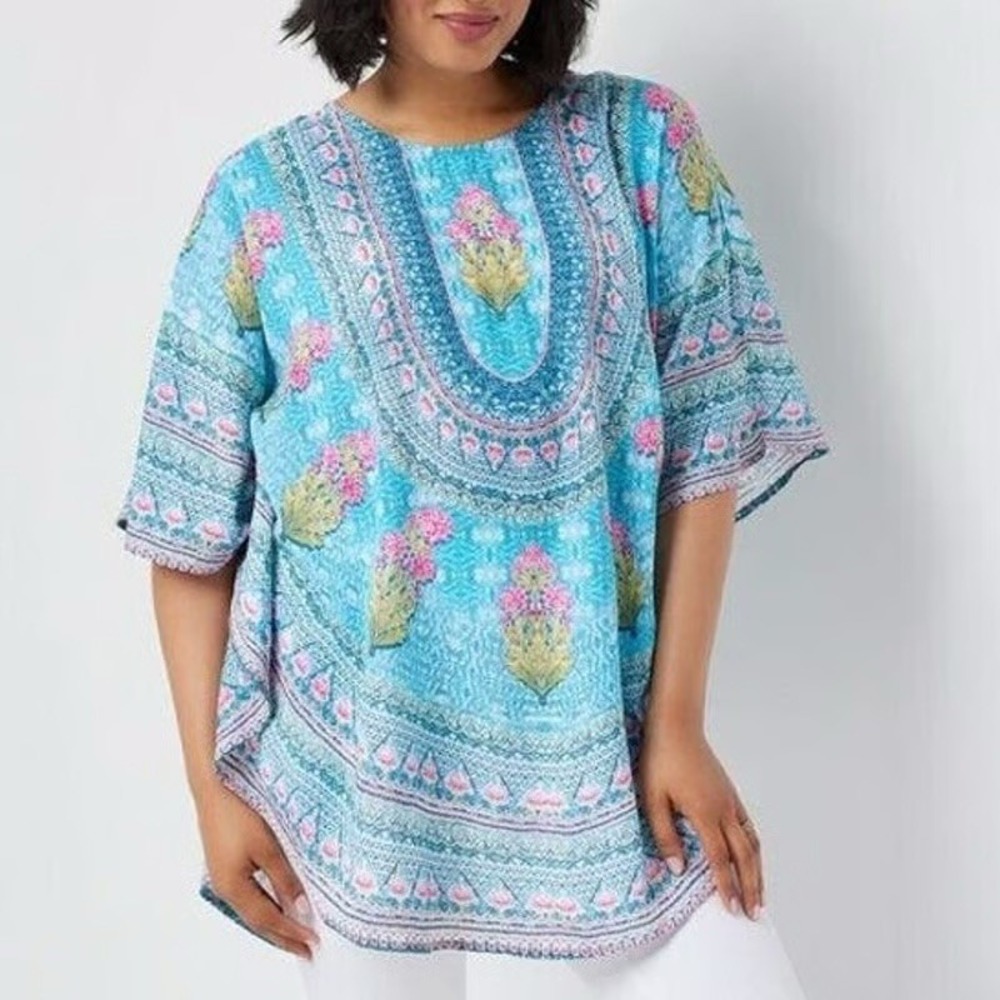 Tolani Womens Boho Floral Poncho Tunic Top Size Large Petite Resortwear Beach